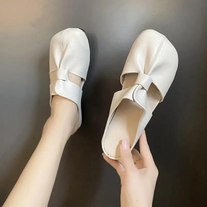 2024 Spring and Summer New Leather Slippers Female Simple Soft Bottom PU Flat Heel Slippers Hollow Female Sandals Casual Female Shoes