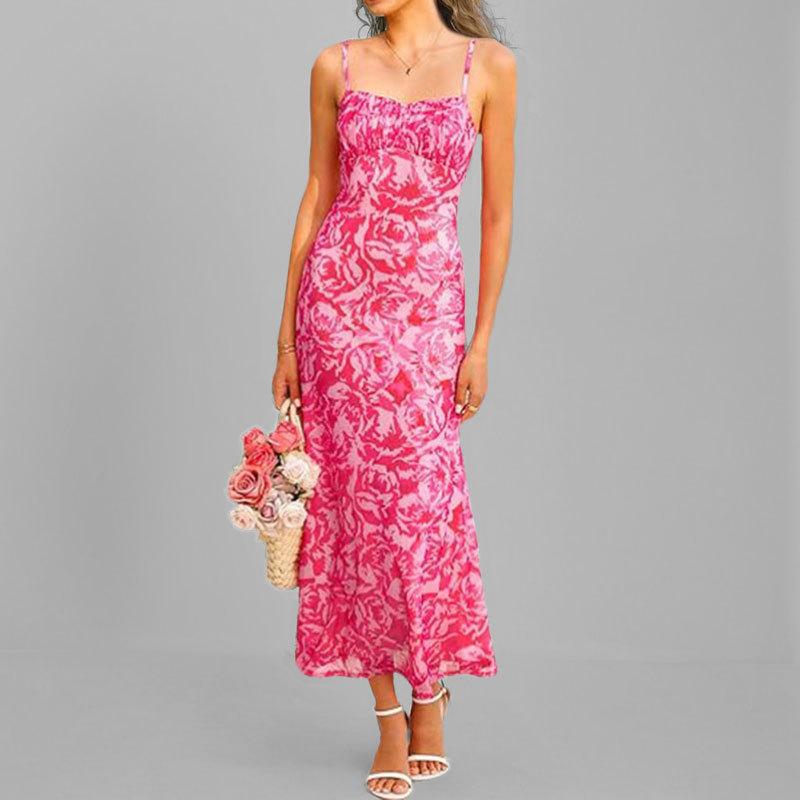 Spring New Women's Clothing Elegant Hip-packing Plant Printed Suspender Dress