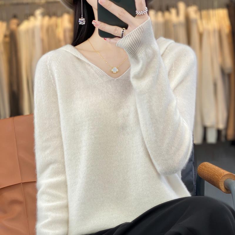Women's V-Neck Hooded Wool Sweater - Autumn/Winter Loose Knit Pullover