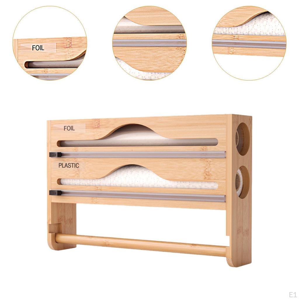 Wrap Dispenser Bamboo Aluminum Foil and Parchment Wrapping Paper Storage 3 in 1 natural color