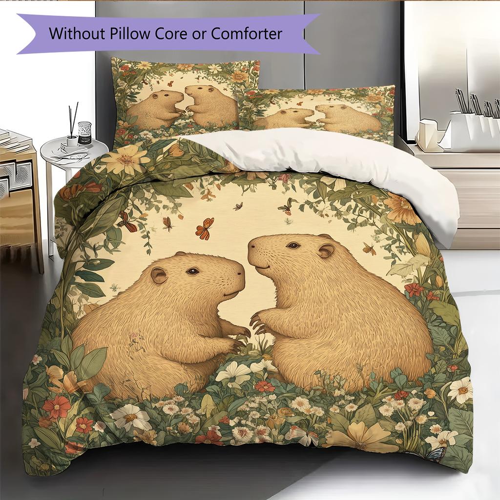 Capybara und Grasland Muster Bettwäsche Heimdekoration Geburtstagsgeschenk (1 Bettbezug + 2 Kissenbezüge, ohne Füllung)