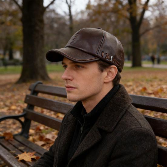 Men Hat Adjustable Faux Leather Baseball Cap with Windproof Hood Snug Fit Solid Color Design Fall Winter Outdoor Casual Hat
