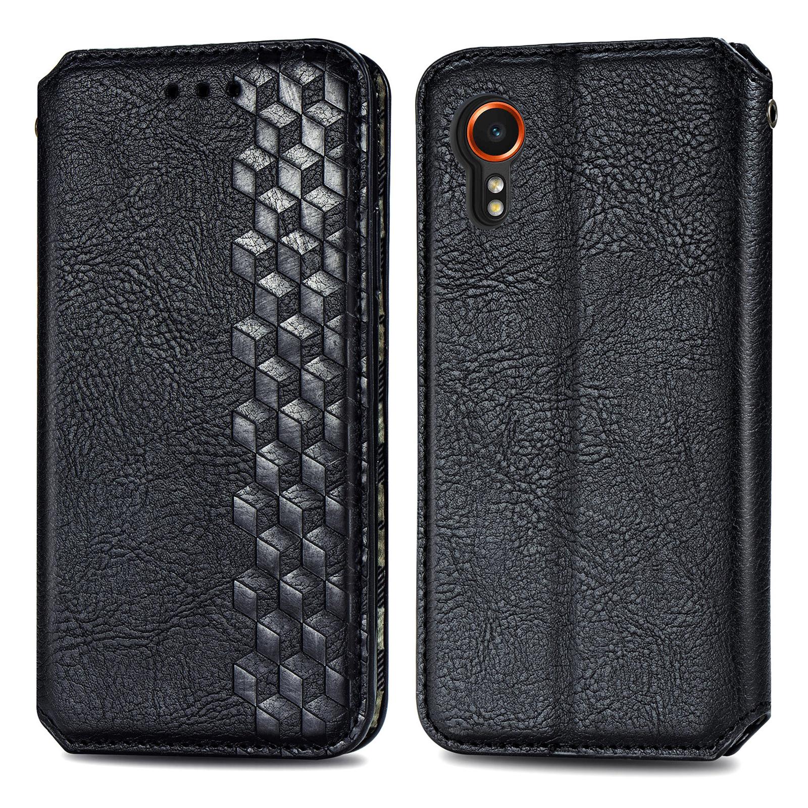 

For Samsung Galaxy Xcover7 PU Leather Case Rhombus Imprint Wallet Stand Phone Cover Black