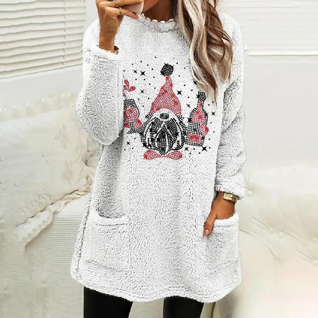 European & American Women's Christmas Snowman Print Plush Hoodie - Round Neck, Loose Fit, Long Sleeve with Pockets.