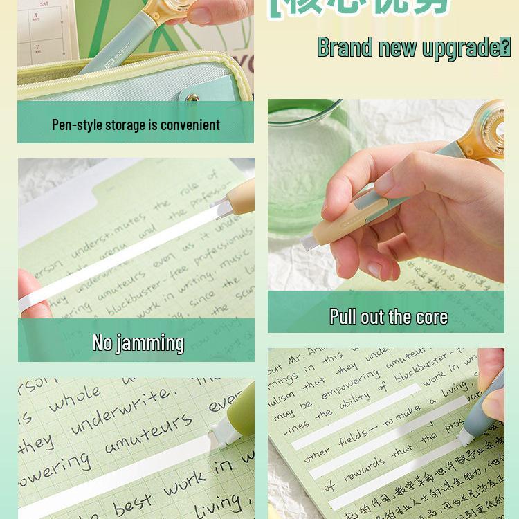 Pen-Style High-Capacity Correction Tape with Push-Button Design, Silent Operation, for Students
