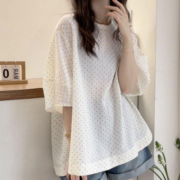 

Летняя женская футболка с короткими рукавами в горошек, простые и удобные повседневные топы, корейская универсальная женская рубашка-пуловер 3XL