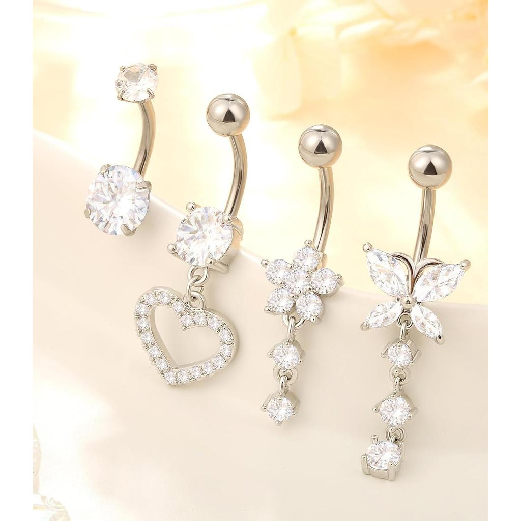 Surgical Stainless Steel Dangle Belly Button Rings for Women Belly Ring Dangling Piercing Jewelry with Heart Flower Butterfly Silver Gold Tone