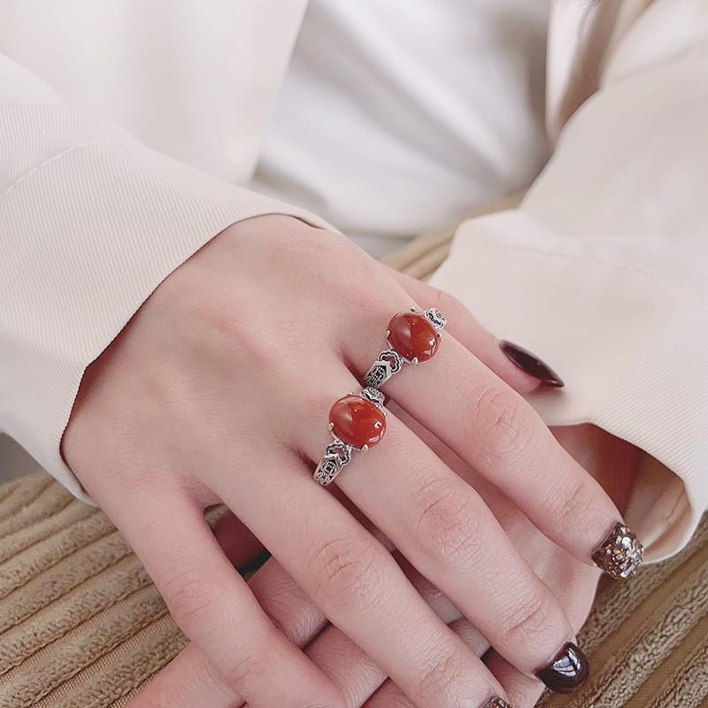 Adjustable Copper Ring With Red Agate Cabochon Motif Vintage Boho Jewelry Women Men