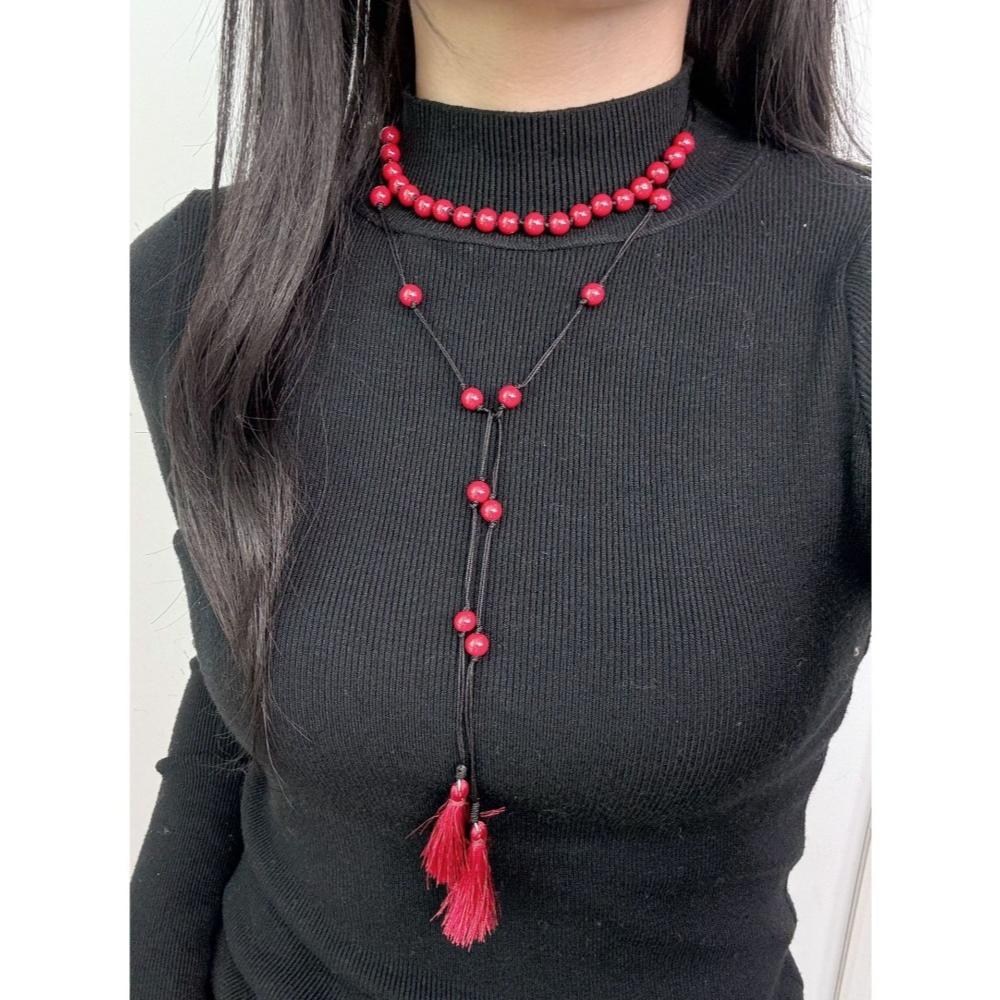 Fashion Personality Red Glass Bead Beaded Tassels Necklace for Women Retro Ethnic Double-layer Fold Wear Sweater Chain Jewelry