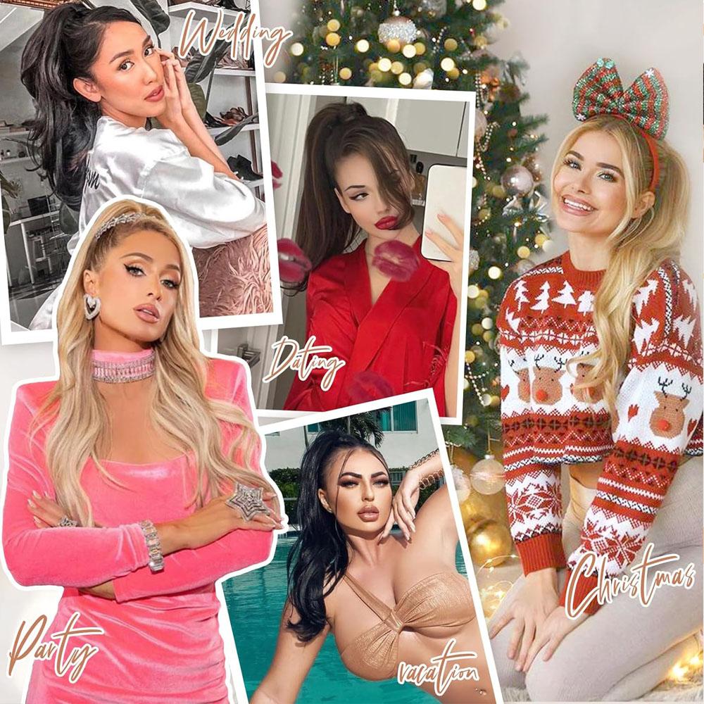 32 palcové elastické predlžovanie vlasov do chvosta s dlhým zmiešaným blond čiernym chvostom pre ženy na každodenné použitie