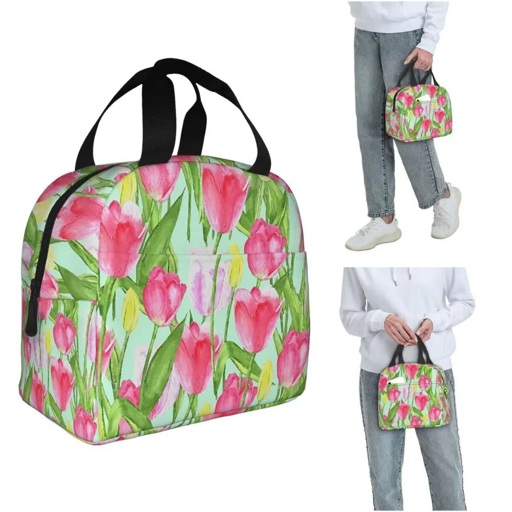 Chic Pink Floral Tulip Painting Insulated Lunch Bag for Women Kids Portable Food Boxes Thermal Lunch Box Tote