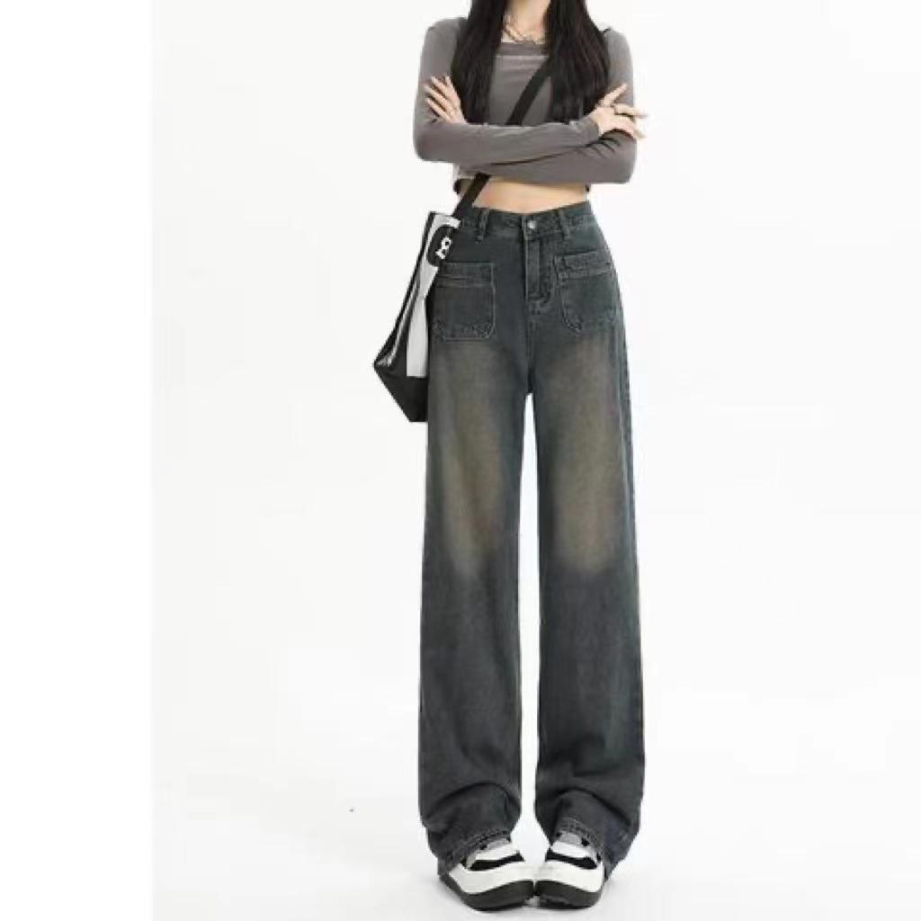 Women's American Retro Wide-Leg Jeans, High Waist, Straight Loose Fit, Floor-Length, Spring/Autumn 2023 Design 