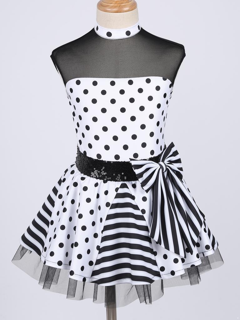 Kids Girls Sleeveless Dress Mesh Patchwork Sequins Bowknot Waist Tutu Dress Dance Costume