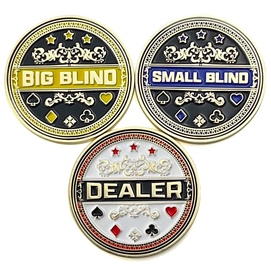 

Luck Lab Metal Poker Button Set of 3 Dealer Big Blind and Small Blind Metal Weights for Texas - Button, (Position Markers) Hold em - 1.75