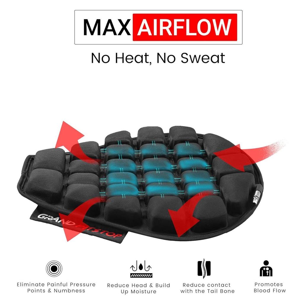 Schwarzes Polyester Luft-Sitzkissen | Atmungsaktives Mesh | Rutschfeste Unterseite | Luft-Sitzkissen für Fahrrad, Auto, Büro | Medizinische Verwendung | Leichtgewicht