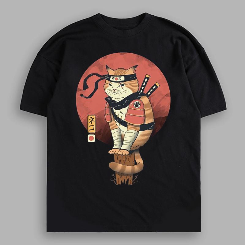 Ninja Cat Oversized Fit Cotton Black T-shirt for Men and Women