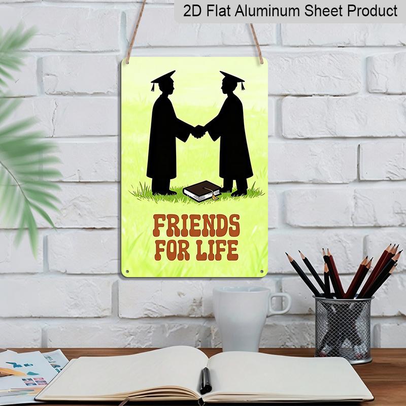 2D Flat, Graduation Suitable for Graduates - Two Grads Shaking Hands with Book Metal Sign, Aluminium Motivational Wall for Diploma Display, Academic