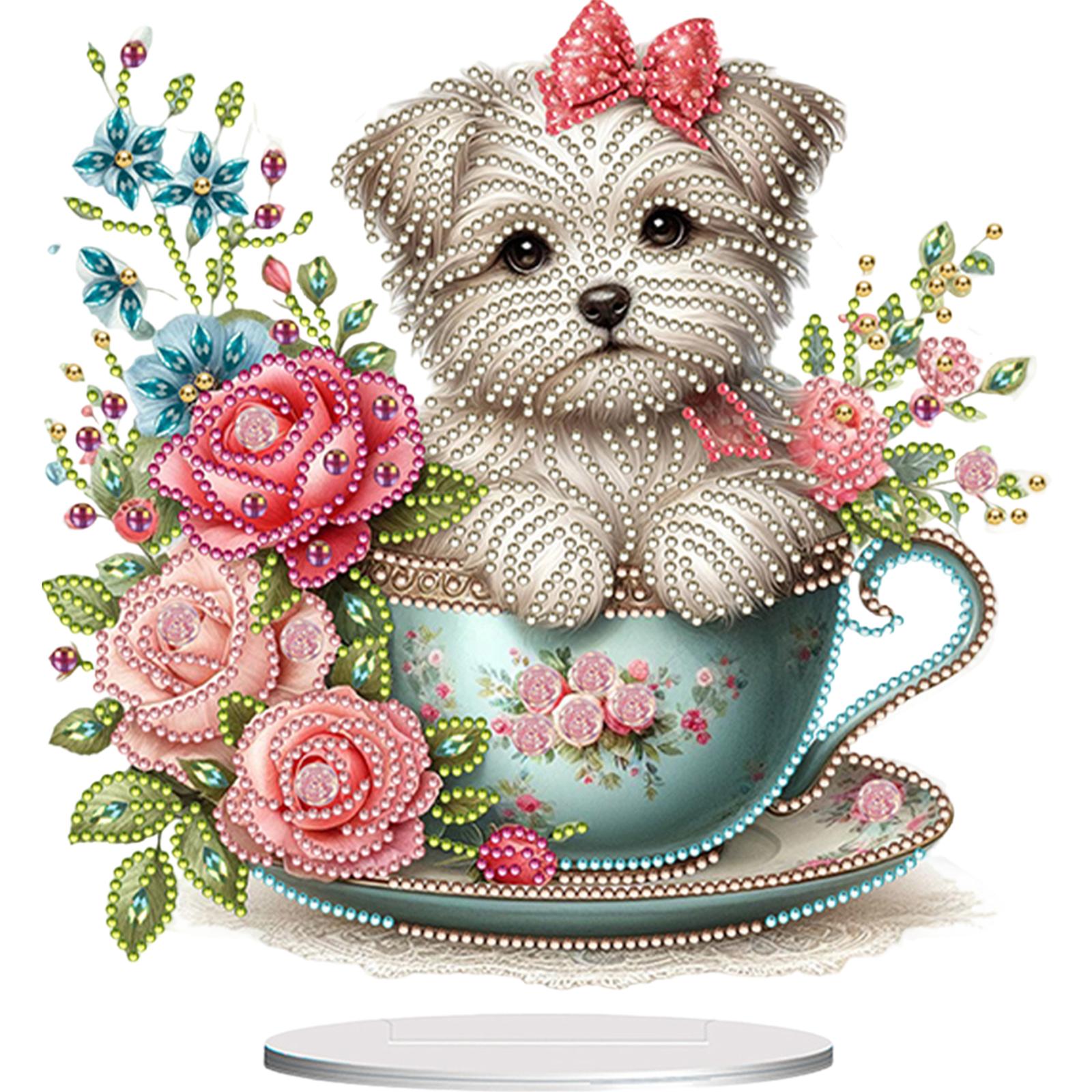 

2D Flat Teacup Puppy Print DIY Diamond Painting Desktop Ornaments Kit Diamond Painting Desktop Decorations Bedroom Table Decor