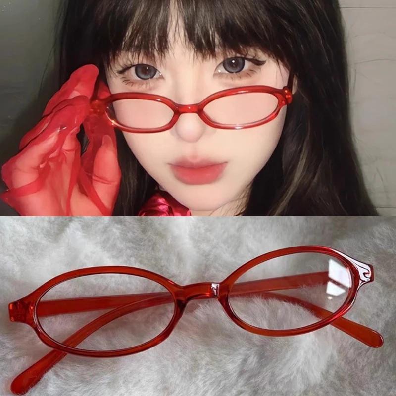 Girls Y2K Red Green Frame Glass Retro Oval Sqaure Glasses Eyewear Decorative Computer Anti-blue Eyeglasses with Seaside Driving