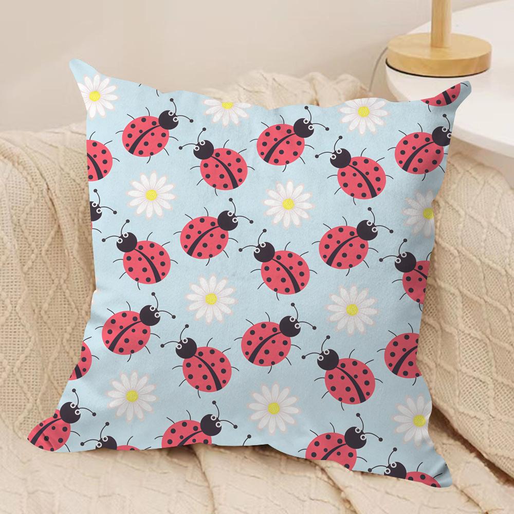 Cute Ladybug Wildflower Pattern Cushion Cover Silky Short Plush Invisible Zipper Dustproof Sofa Pillow Case for Home Decor