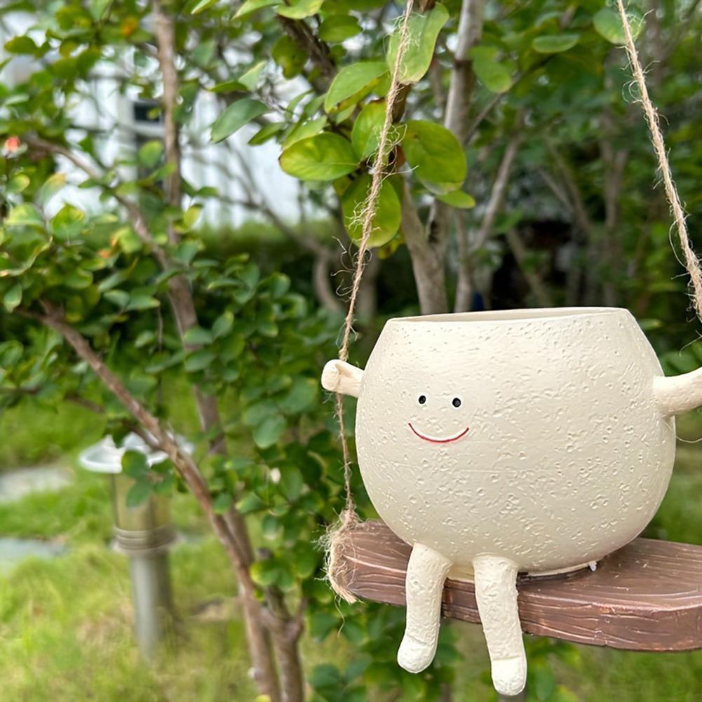 Cute Hanging Planter Pot Resin Hanging Swing Chair Planter Creative Smile Face Flower Container for Indoor Outdoor Plant Holder