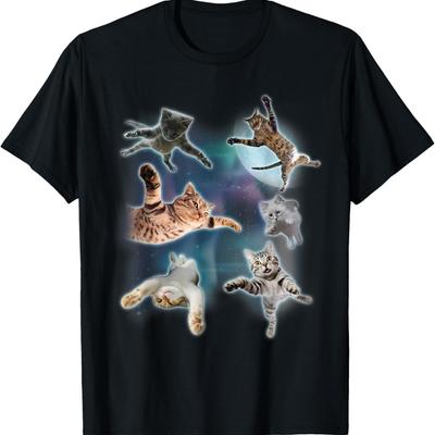 Cats Floating In Galaxy Graphic Vintage 90s Funny Cat Meme T-Shirt for Men Women Kids