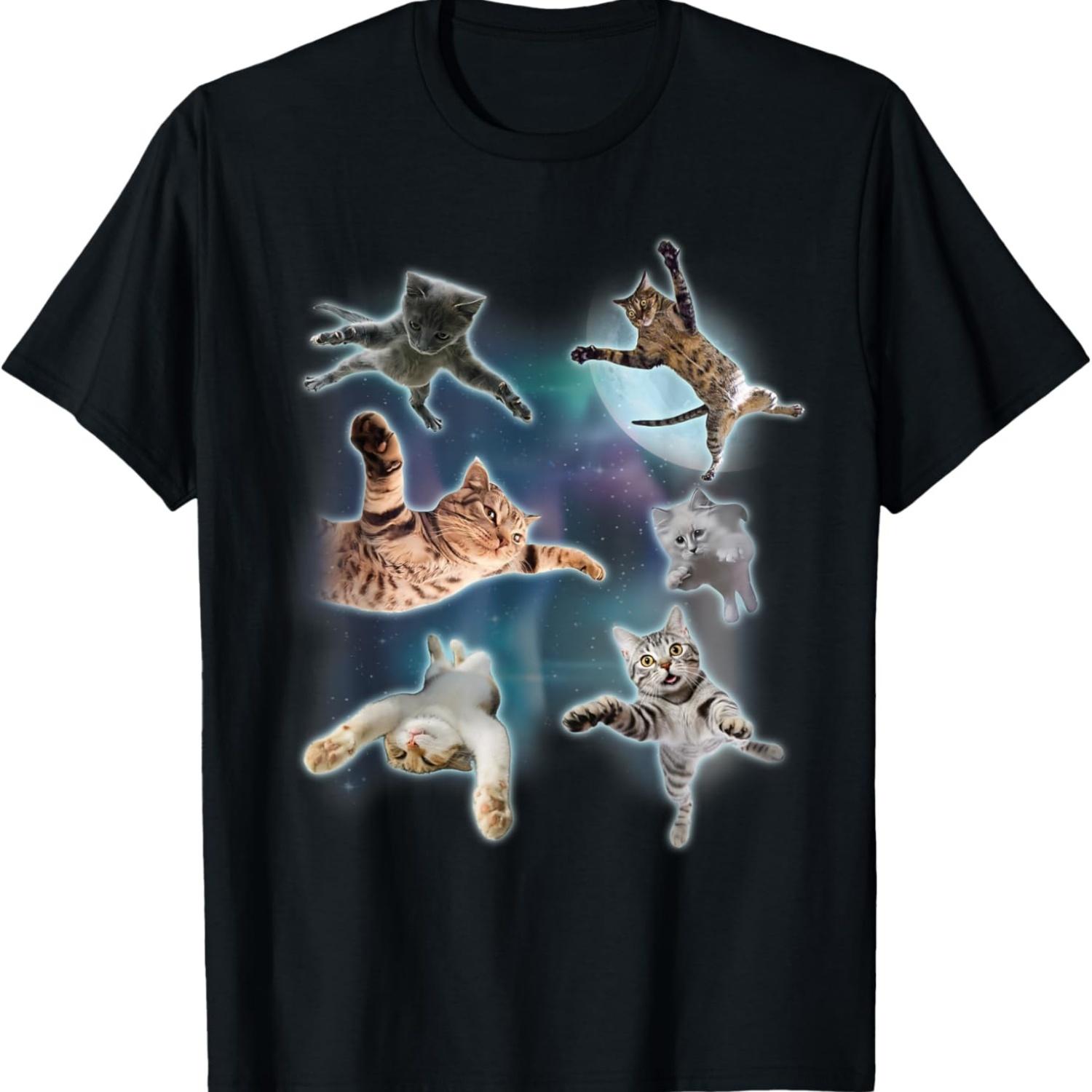 Cats Floating In Galaxy Graphic Vintage 90s Funny Cat Meme T-Shirt for Men Women Kids S чёрный