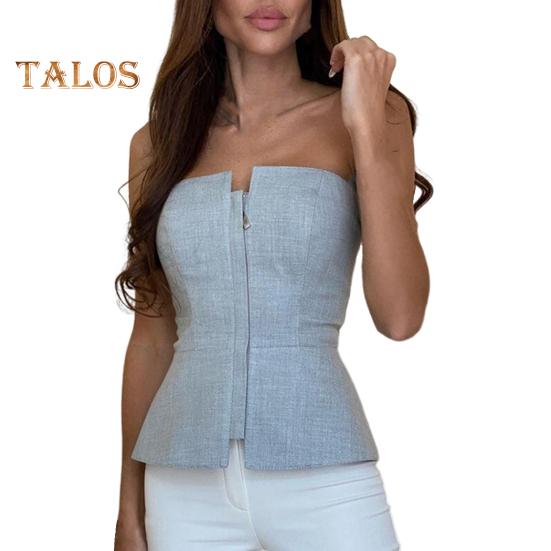 Dámské sexy tubusové topy Bandeau topy bez rukávů Zapínání na zip Slim Fit Jednobarevné topy na párty Streetwear