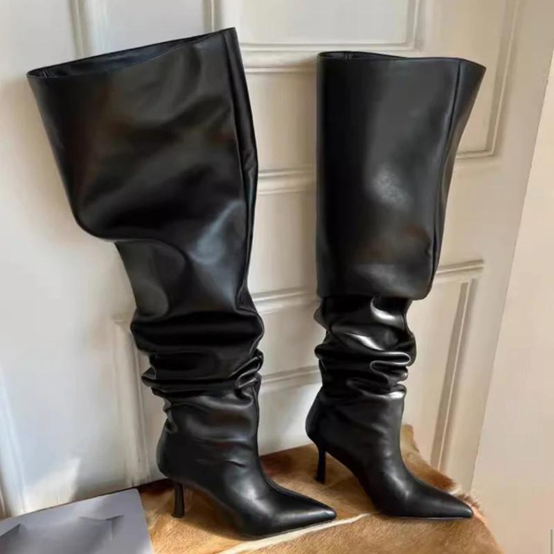 2024 Stil Mode Spitzstiefel Plissierte Overknee-Stiefel Damenweite Cowboystiefel für Damen