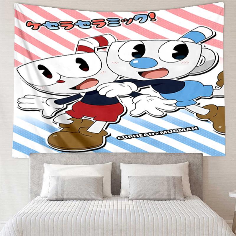 Cuphead Tapestry for Bedroom Aesthetic Classroom Tapestries Wall Hanging for Living Room Dorm Office,Ideal Creative Gift