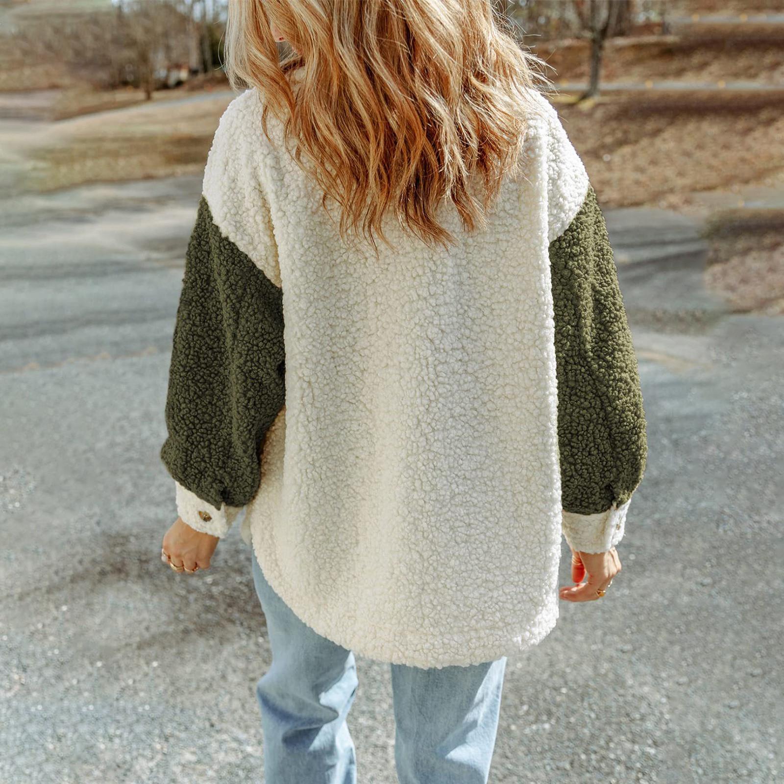 Женская мода плюшевые пуговицы с длинным рукавом теплый свитер топы пальто зимние пальто — фото 4