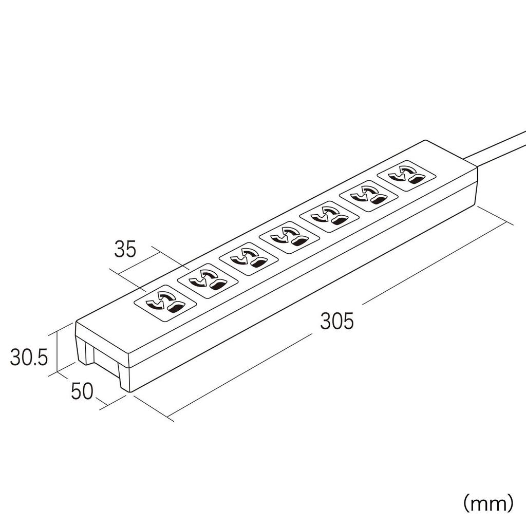 Sanwa Supply TAP-F37-3SR Power Strip with 7 Outlets (3-prong, locking type), 3m cable, surge protection, magnetic backing, name tag, and outlet caps.
