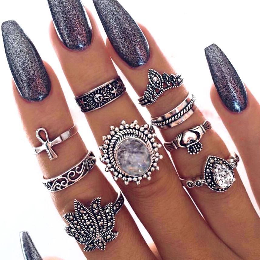 European & American Hot-Selling Retro Ethnic Knuckle Rings: 9-Piece Gemstone Set