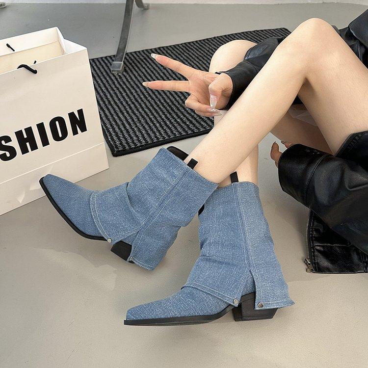 

Sheepskin version! Retro American boots pointed black thin one-pedal short trousers stacked boots female summer 42 джинсовый синий
