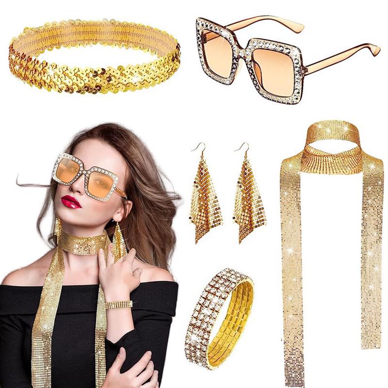 

70s Disco Sequin Women s Accessory Set: Earrings, Scarf, Sunglasses, Bracelet, and Headband. One Size