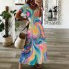 Women Plus Size V Neck Short Sleeve Colorful Swirl Printed Long Maxi Dress
