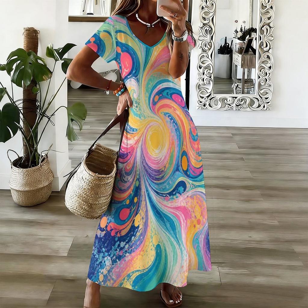 Women Plus Size V Neck Short Sleeve Colorful Swirl Printed Long Maxi Dress