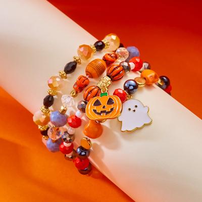 Handmade Rice Beads Crystal Skull Bracelets for Women Cute Monster Ghost Polymer Clay Wristband Bracelet Halloween Jewelry Gift