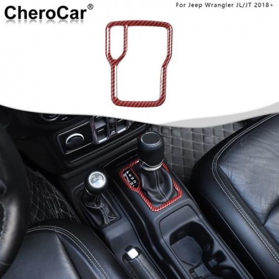 Console Gear Shift Frame Trim Cover for Jeep Wrangler JL JT 18+ Red Carbon Fiber