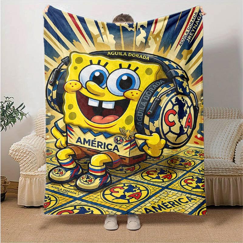1pc Spongebob Headphones Shield Flannel Blanket Soft Warm Throw Blanket for Bedroom Living Room Bed Travel Camping Picnic Gift. MT71601194