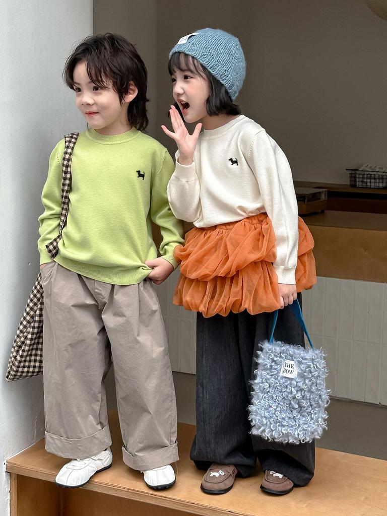 Kids' Knitted Crew Neck Sweater - Autumn/Winter, Embroidered, Loose Fit, Unisex