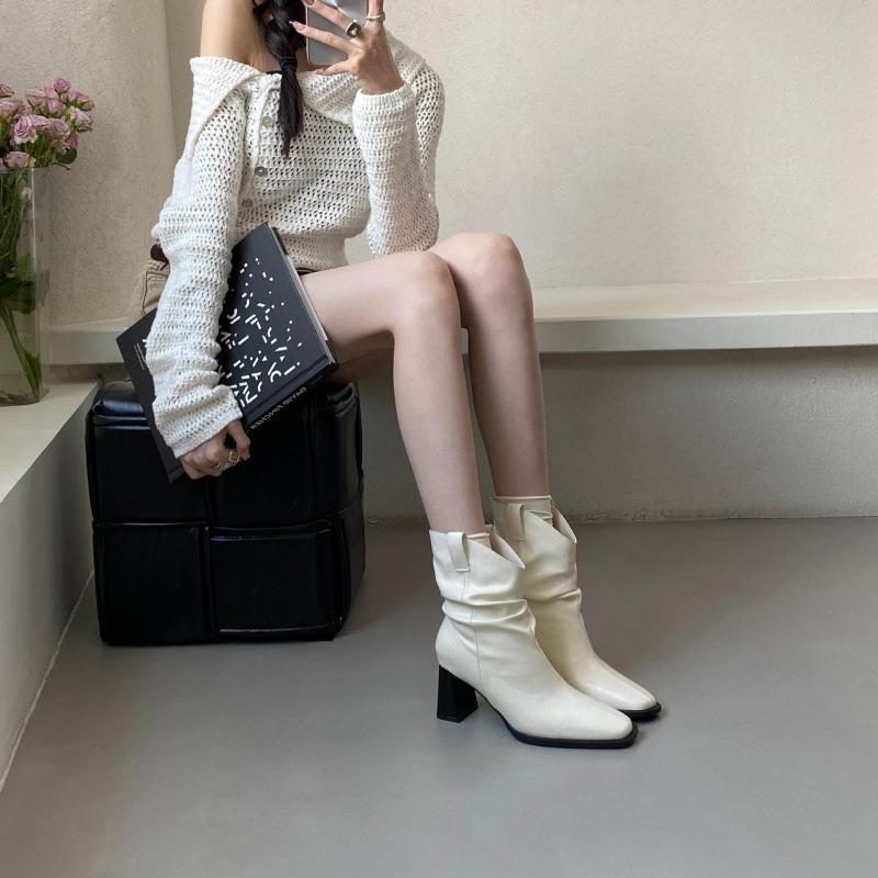 Retro British style shows western cowboy boots 2025 spring and autumn new thick-heeled short boots women's soft leather high-heeled stacking boots