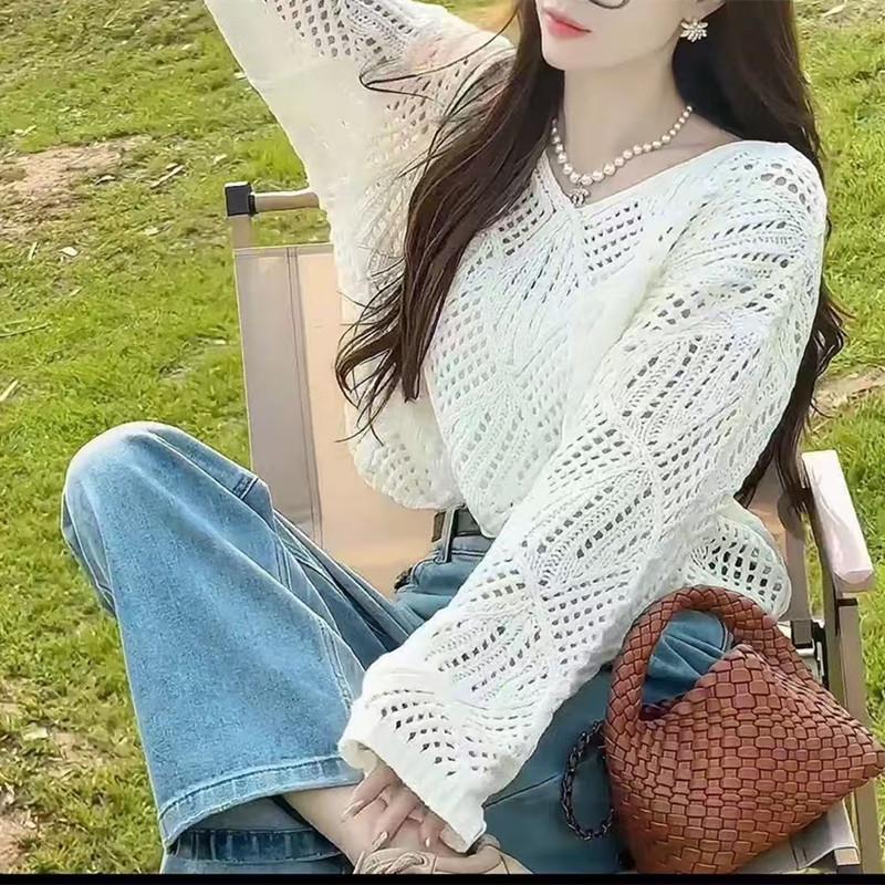 Korean Style V-Neck Knit Sweater - Loose, Long Sleeve, Hollow Design for Spring & Autumn 2025