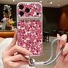 Pink Lily Flower Print Leather Lanyard Case For iPhone 18 Pro Max 17 16 15 14 13 Pro Max Luxury Hybrid TPU+PU Anti-skid Soft Phone Cover