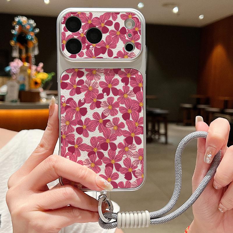 Pink Lily Flower Print Leather Lanyard Case For iPhone 18 Pro Max 17 16 15 14 13 Pro Max Luxury Hybrid TPU+PU Anti-skid Soft Phone Cover