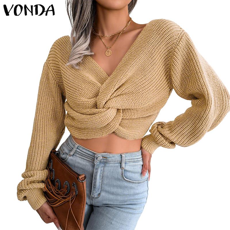 VONDA Women Casual Autumn V Neck Long Sleeve Twisted Cropped Sweaters Knitwear