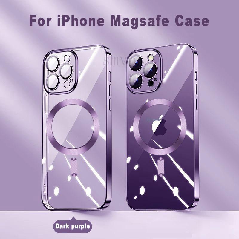 

2025 New Transparent Magsafe Case For iPhone 16 15 14 13 Pro Max Magnetic Wireless Charging Back Shcokproof Electroplating Cover For iPhone 13 Pro фіолетовий