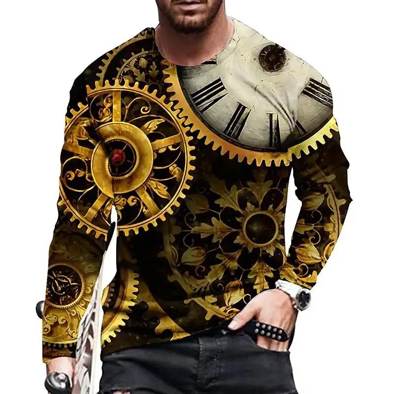 2023 Vintage Print T-shirt 3D Clock Shirt Clock Long Sleeve Casual O- Neck 6xl  Shirt Oversized Trend Tops Tee Shirt Man Clothes