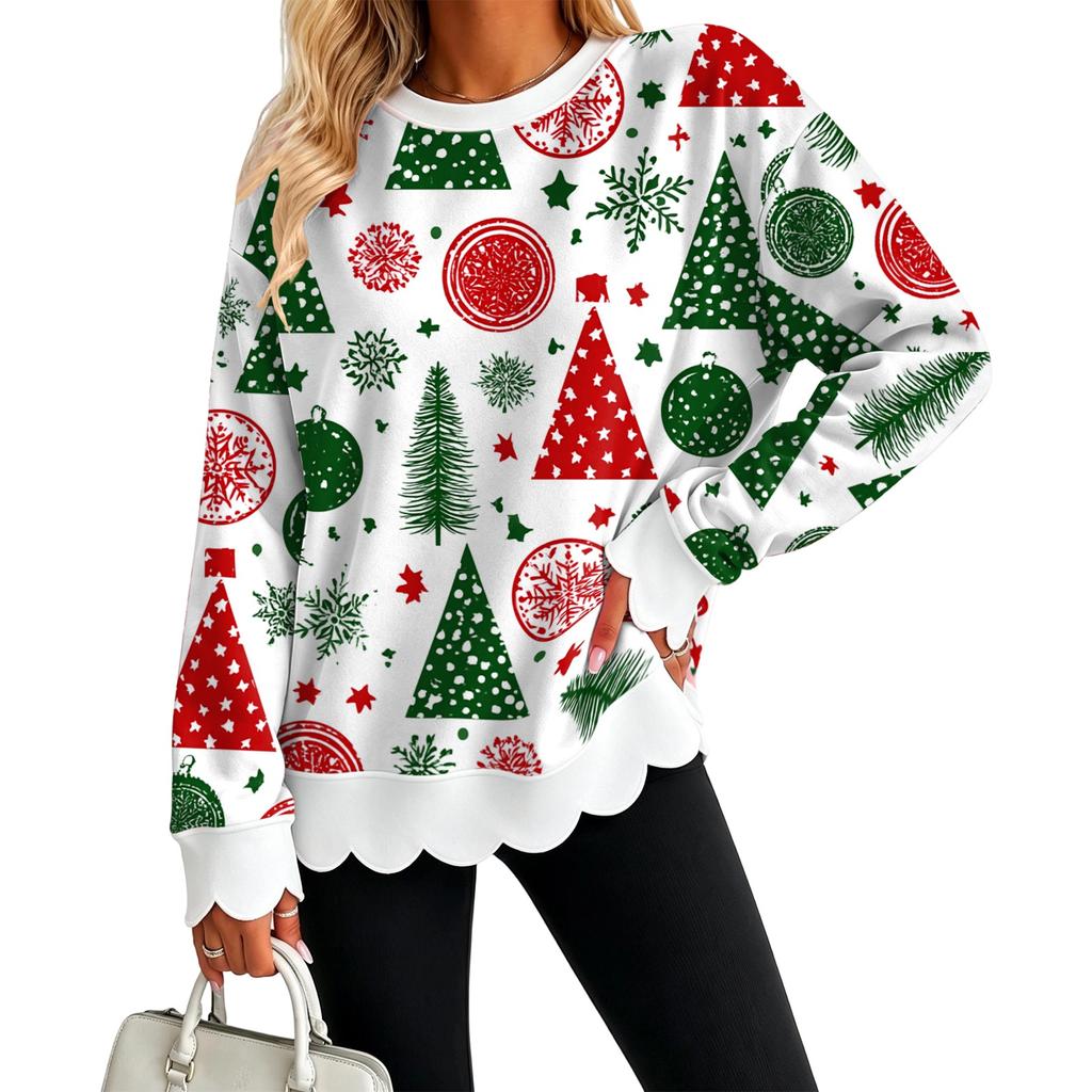 Women's Christmas Print Sweatshirt with Scalloped Wavy Hem and Neck for Holiday