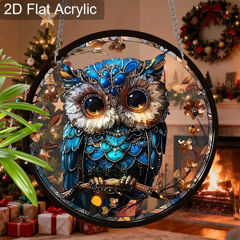 Acrylic Blue Owl Christmas Suncatcher Stained Glass Effect Window Hanging Ornament Owl Lover Holiday Gifts